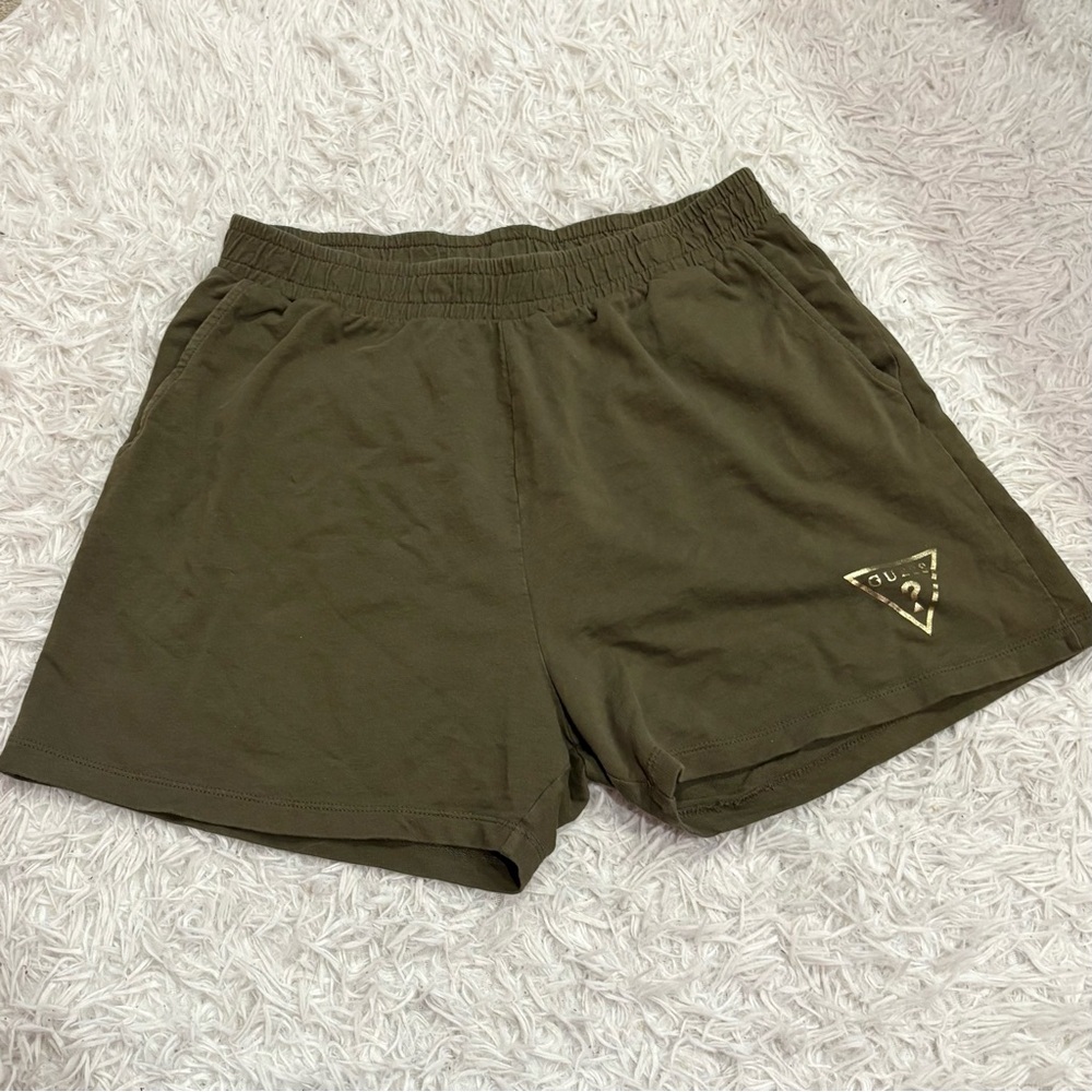 Guess Fleece Pull‎ On Logo Shorts Olive green gold size large